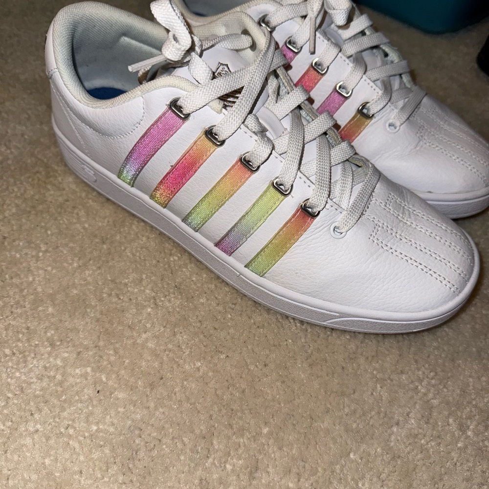 K-Swiss White Athletic Shoes with Rainbow Stripes